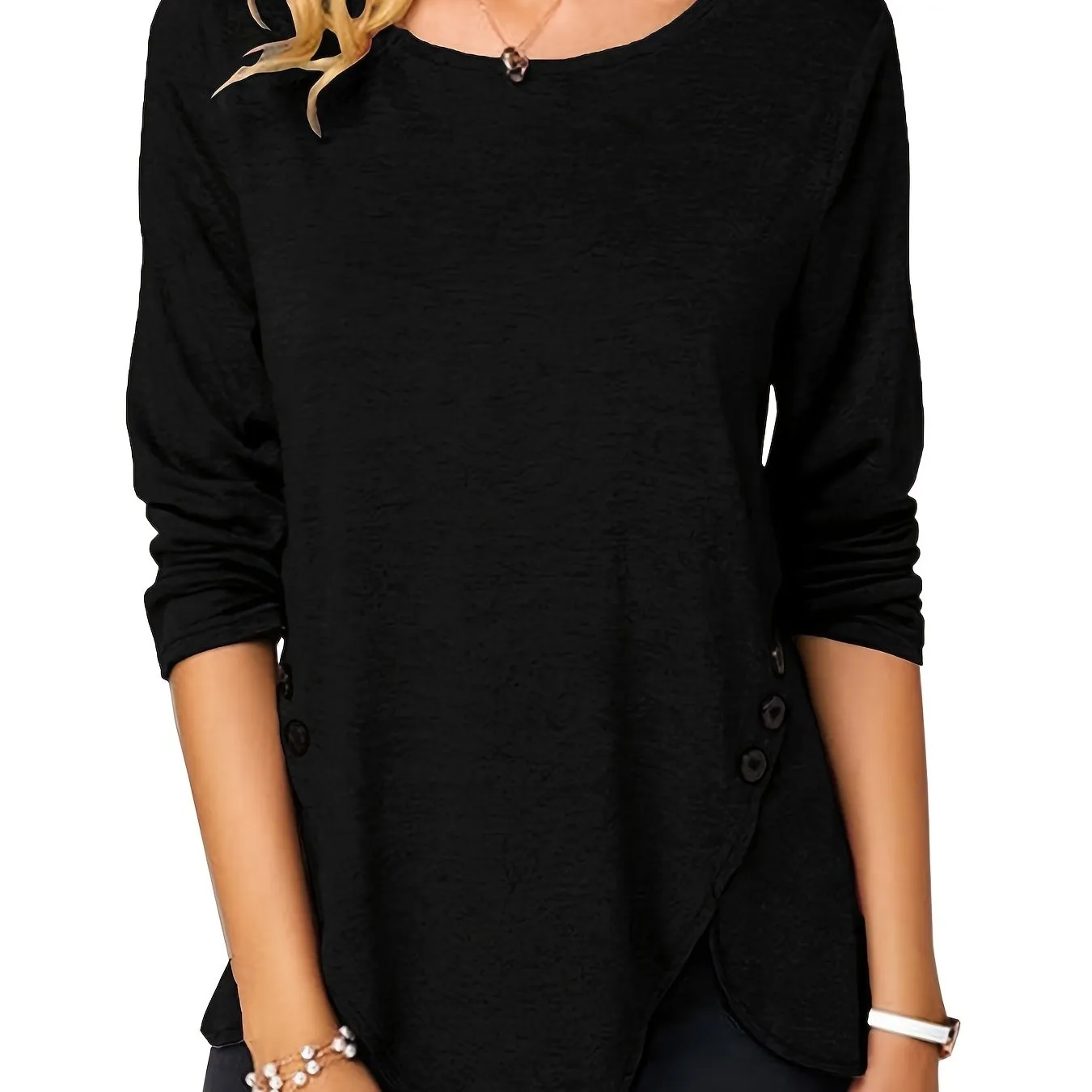 Irregular Hem Button Crew Casual Loose Long Sleeve Fashion T-Shirts Tops