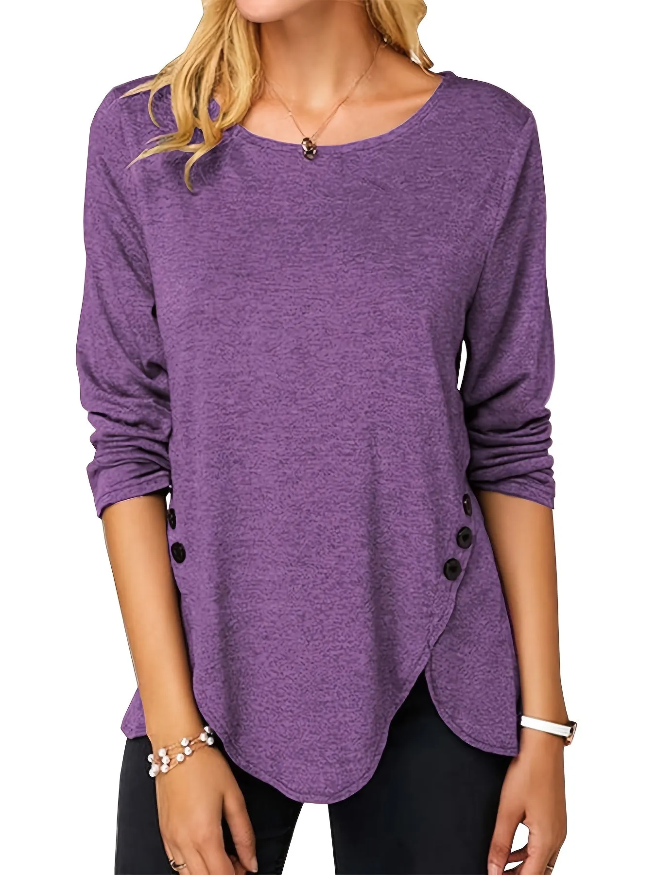 Irregular Hem Button Crew Casual Loose Long Sleeve Fashion T-Shirts Tops