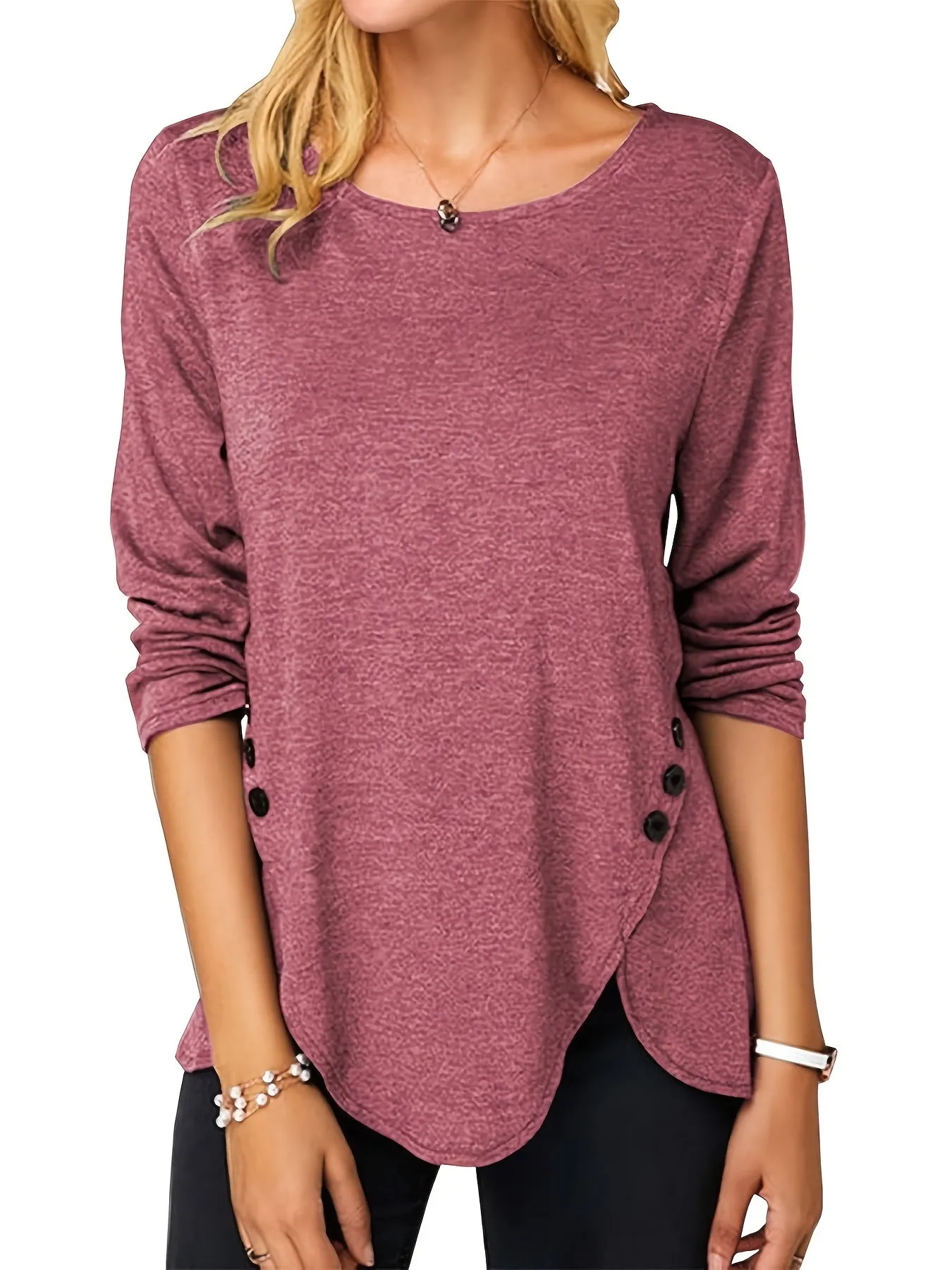 Irregular Hem Button Crew Casual Loose Long Sleeve Fashion T-Shirts Tops