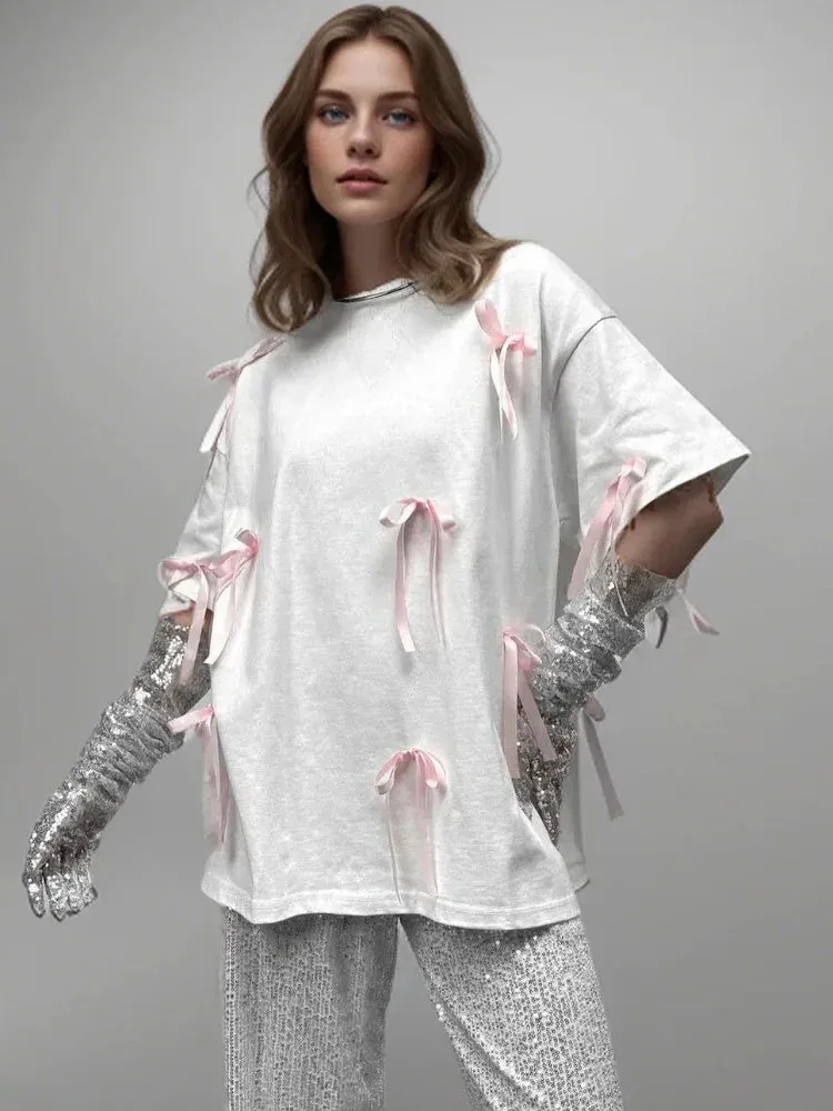 Korean Draped Casual Short Sleeve Lace Bow Women's T-shirt