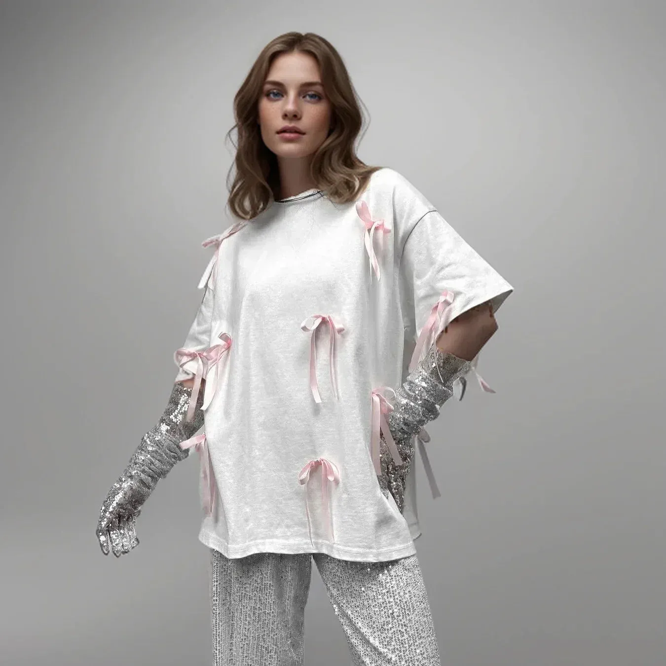 Korean Draped Casual Short Sleeve Lace Bow Women's T-shirt