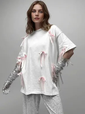 Korean Draped Casual Short Sleeve Lace Bow Women's T-shirt