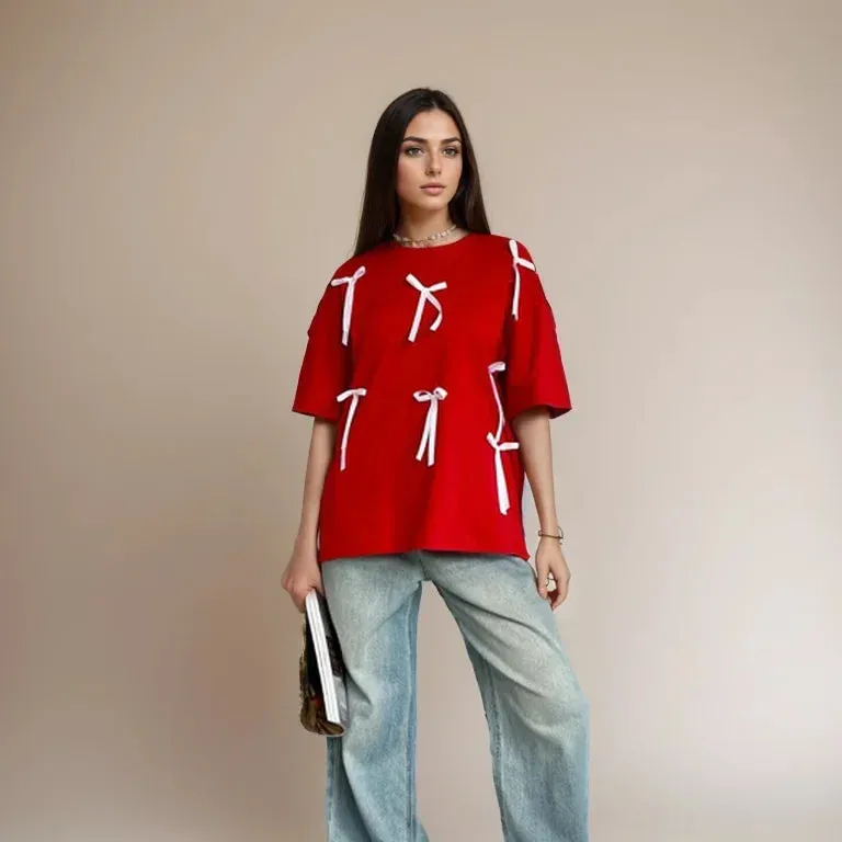 Korean Draped Casual Short Sleeve Lace Bow Women's T-shirt
