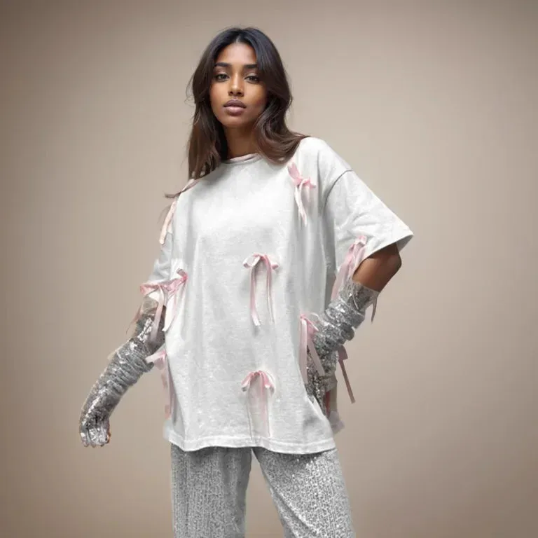 Korean Draped Casual Short Sleeve Lace Bow Women's T-shirt