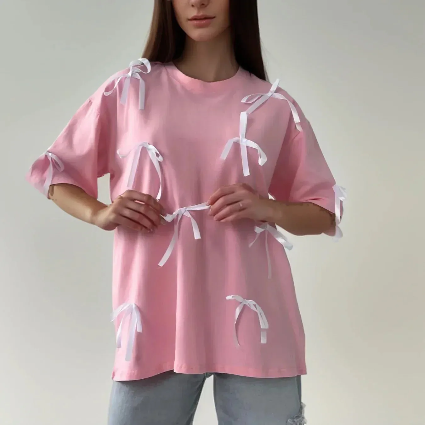 Korean Draped Casual Short Sleeve Lace Bow Women's T-shirt