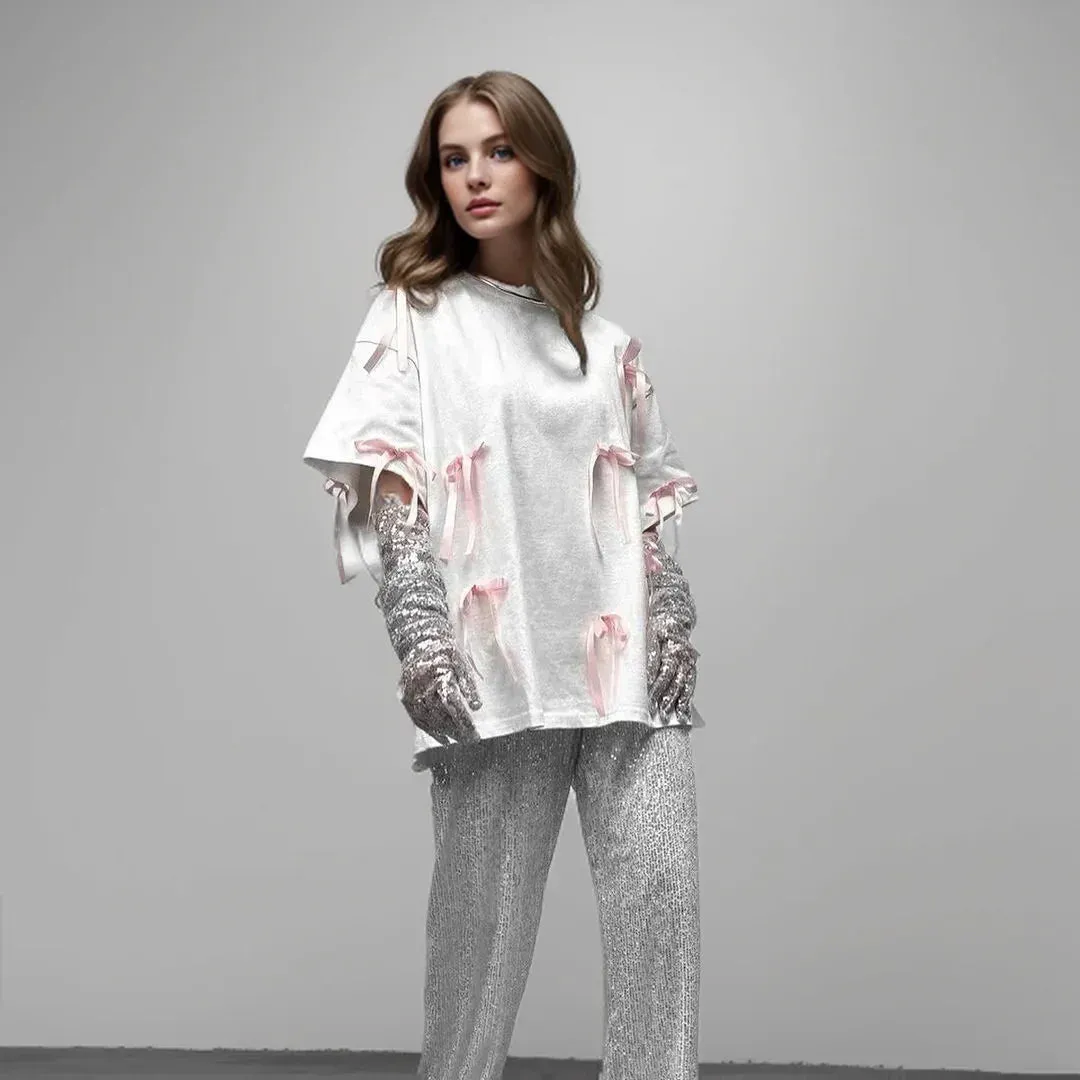 Korean Draped Casual Short Sleeve Lace Bow Women's T-shirt