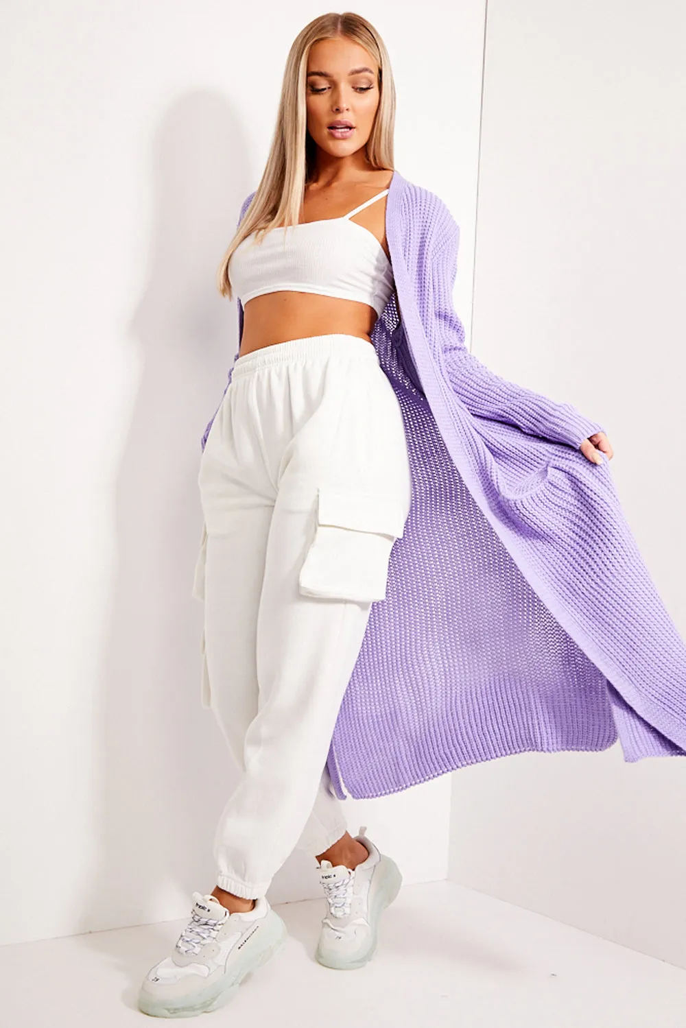 Lilac Longline Knitted Open Cardigan