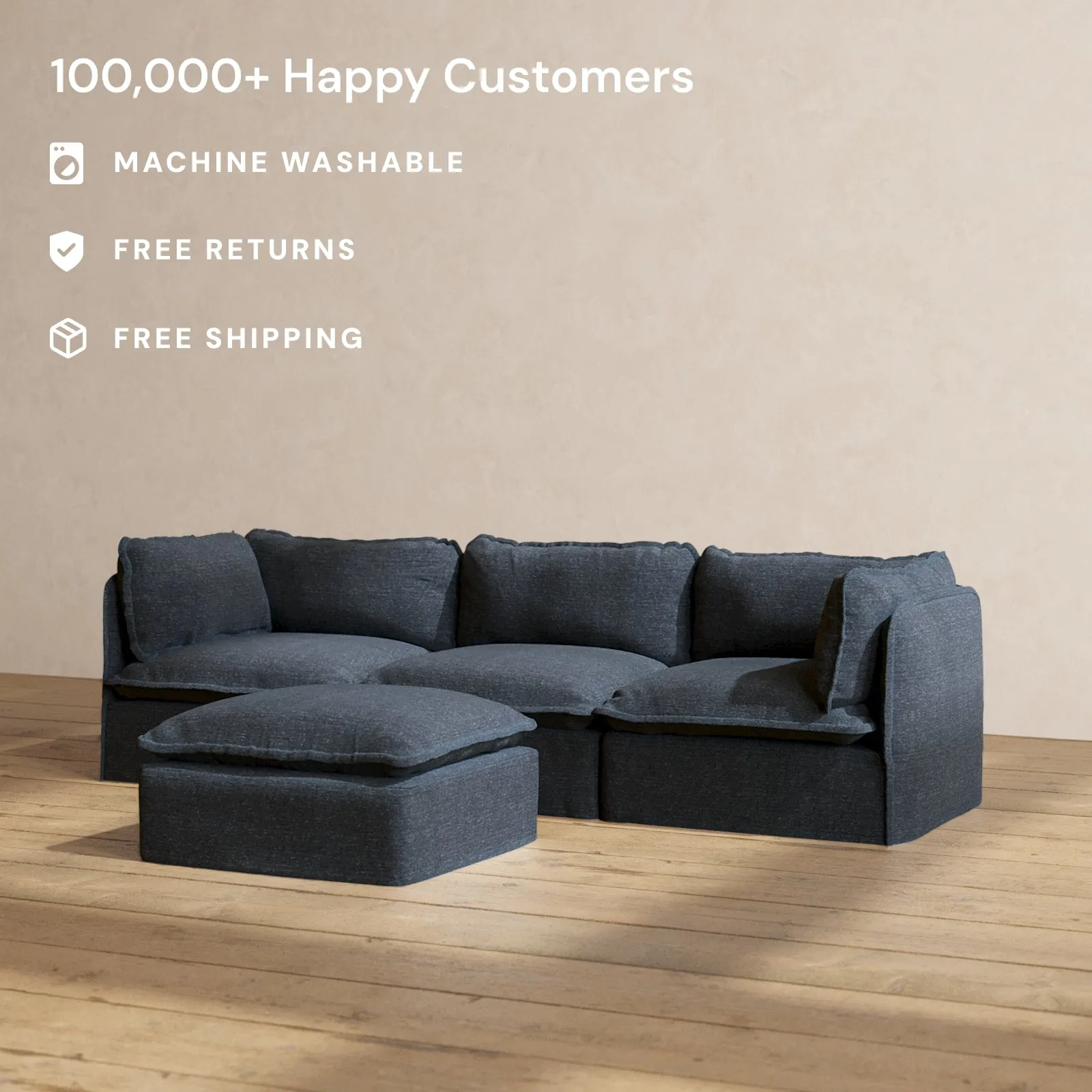 Modular Performance 3-Seater   Ottoman in Indigo | Relaxed Blend