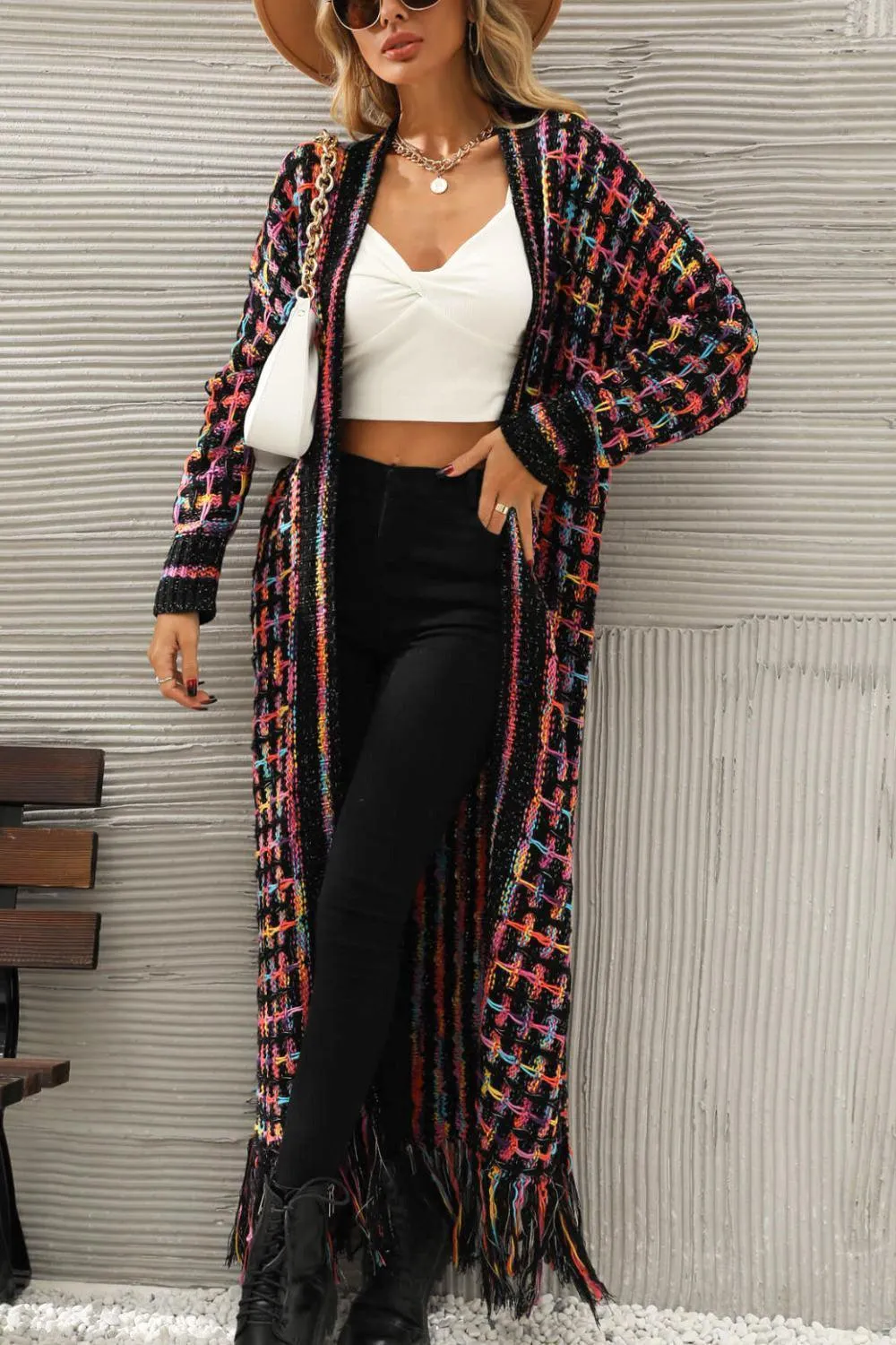Multicolored Fringe Hem Open Front Cardigan