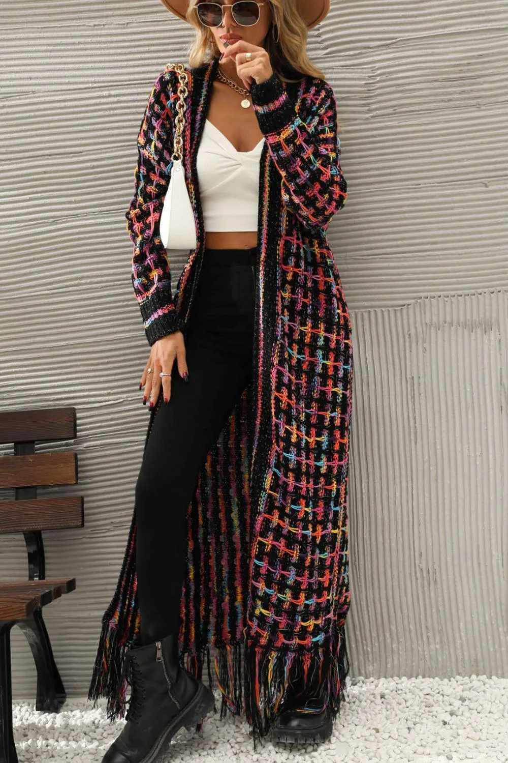 Multicolored Fringe Hem Open Front Cardigan