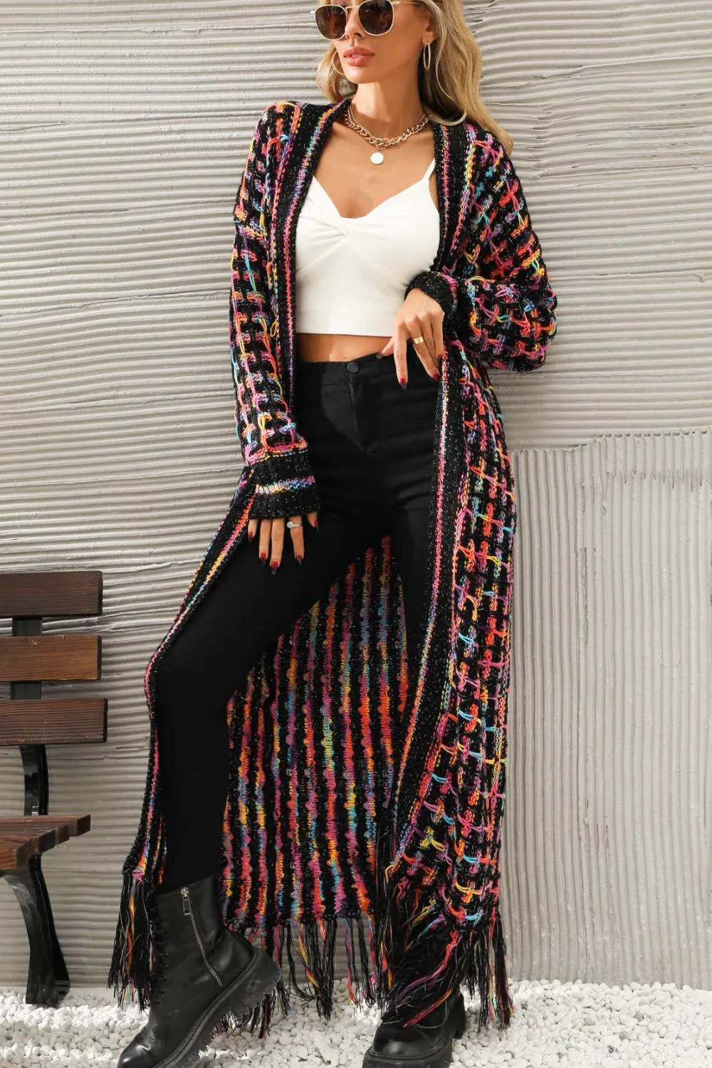Multicolored Fringe Hem Open Front Cardigan