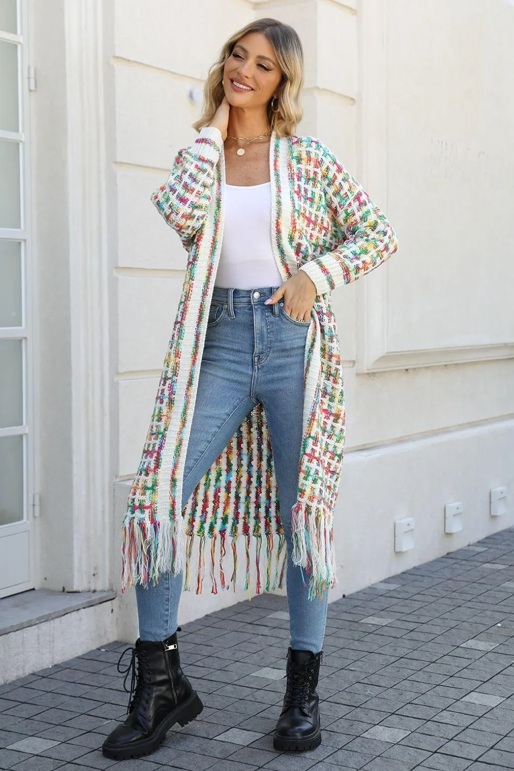 Multicolored Fringe Hem Open Front Cardigan