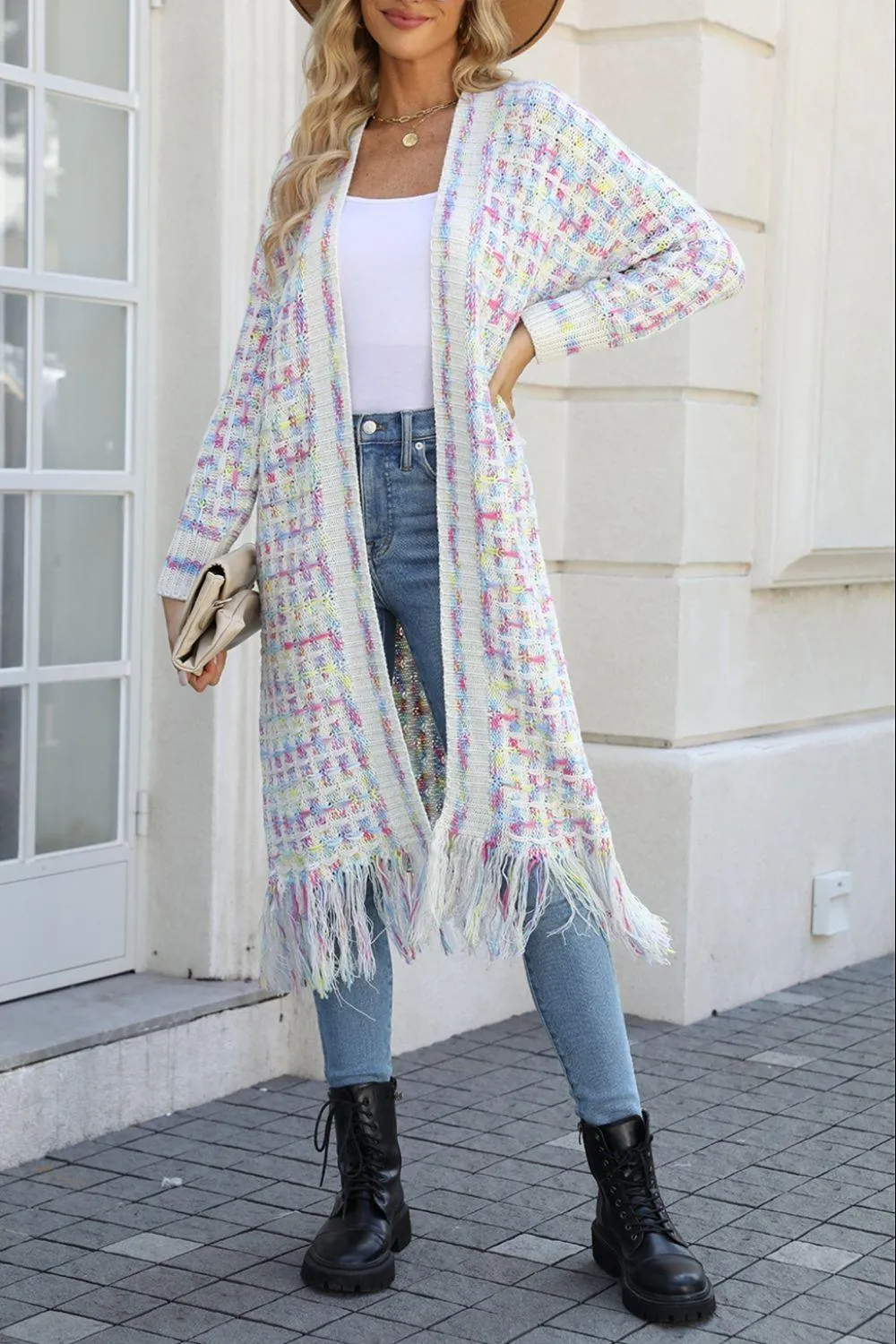 Multicolored Fringe Hem Open Front Cardigan
