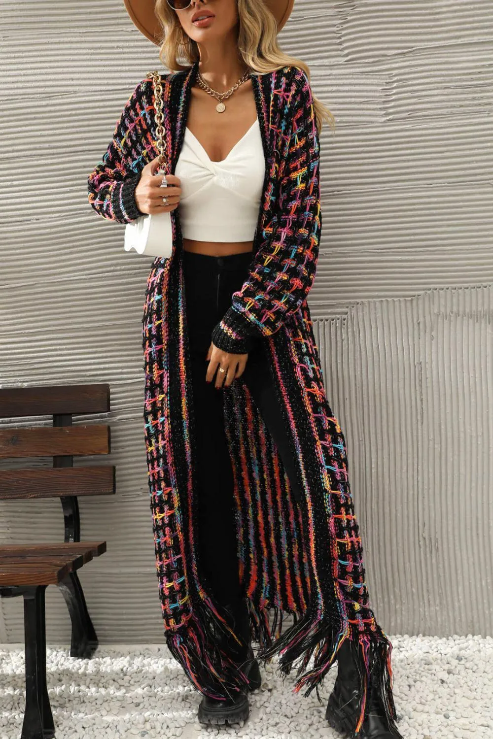 Multicolored Fringe Hem Open Front Cardigan