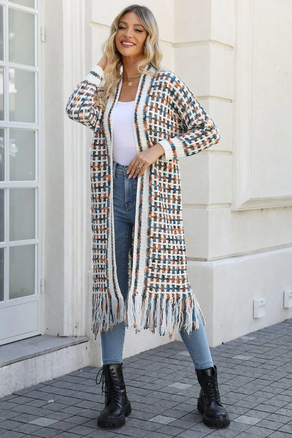 Multicolored Fringe Hem Open Front Cardigan