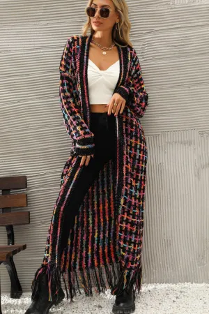 Multicolored Fringe Hem Open Front Cardigan