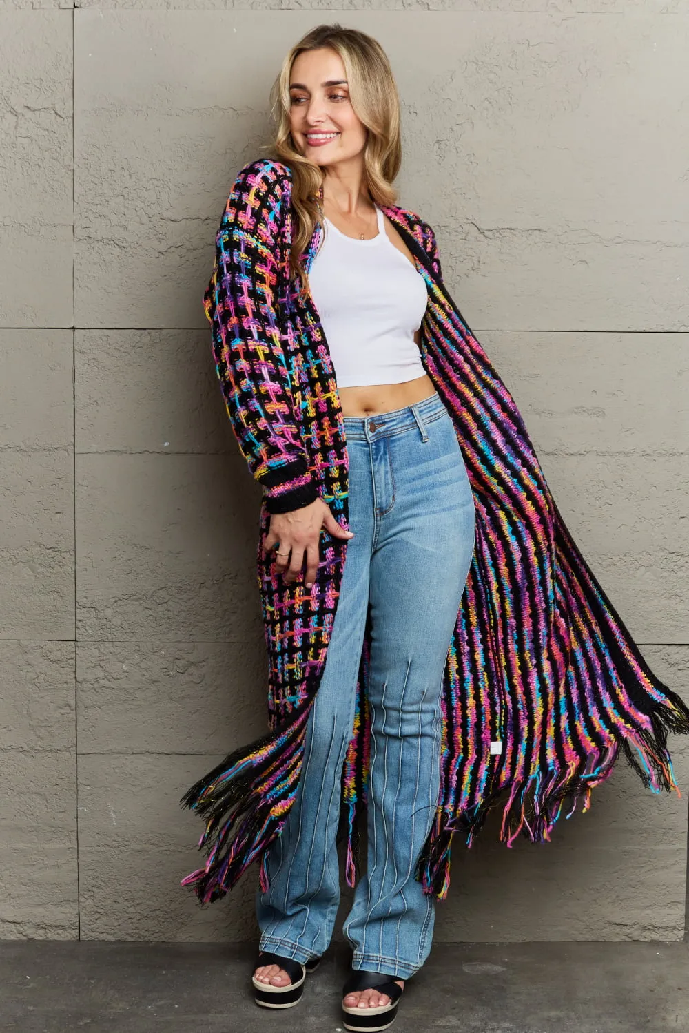 Multicolored Fringe Hem Open Front Cardigan