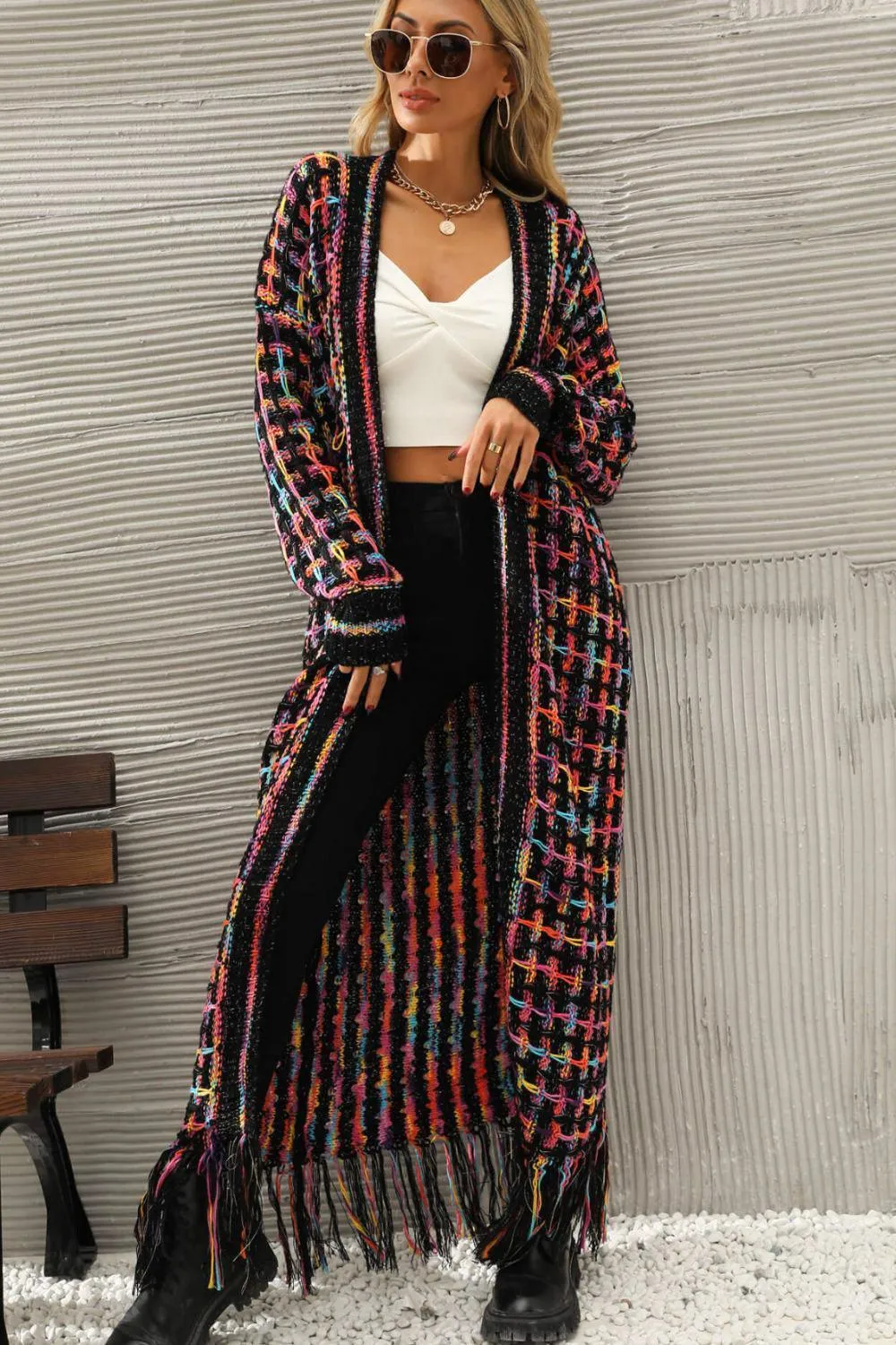 Multicolored Fringe Hem Open Front Cardigan