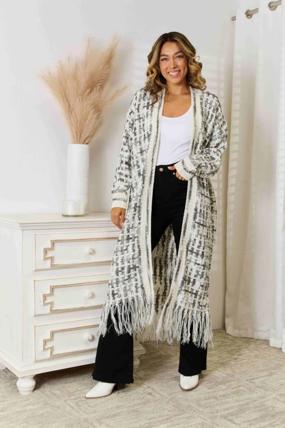 Multicolored Fringe Hem Open Front Cardigan