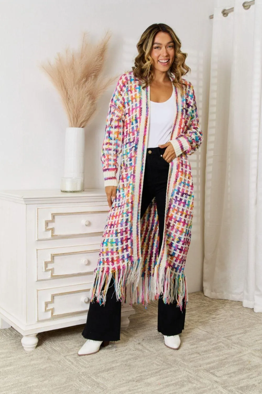 Multicolored Fringe Hem Open Front Cardigan