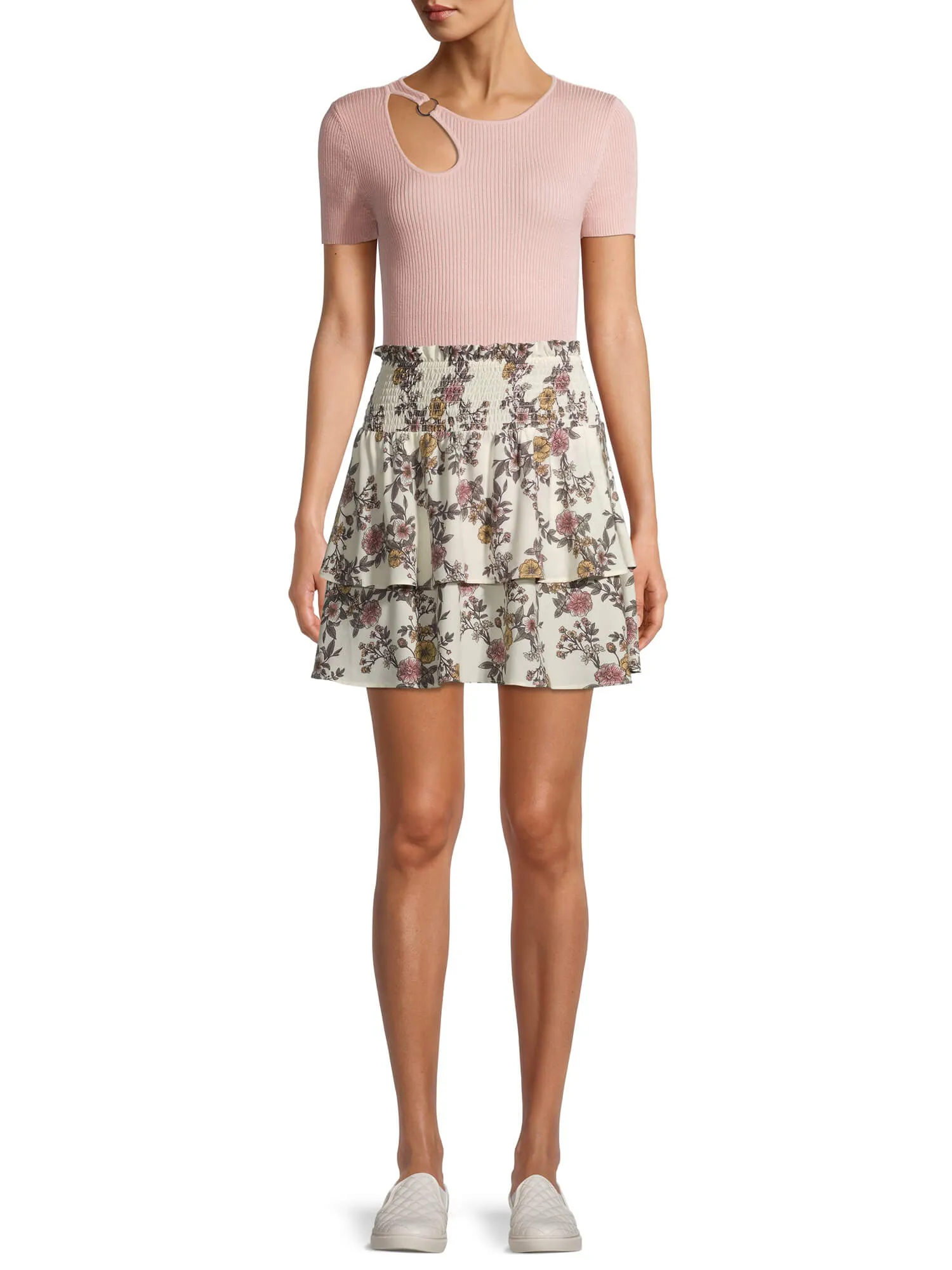 No Boundaries Juniors' Ivory Double Tiered Ruffle Skirt
