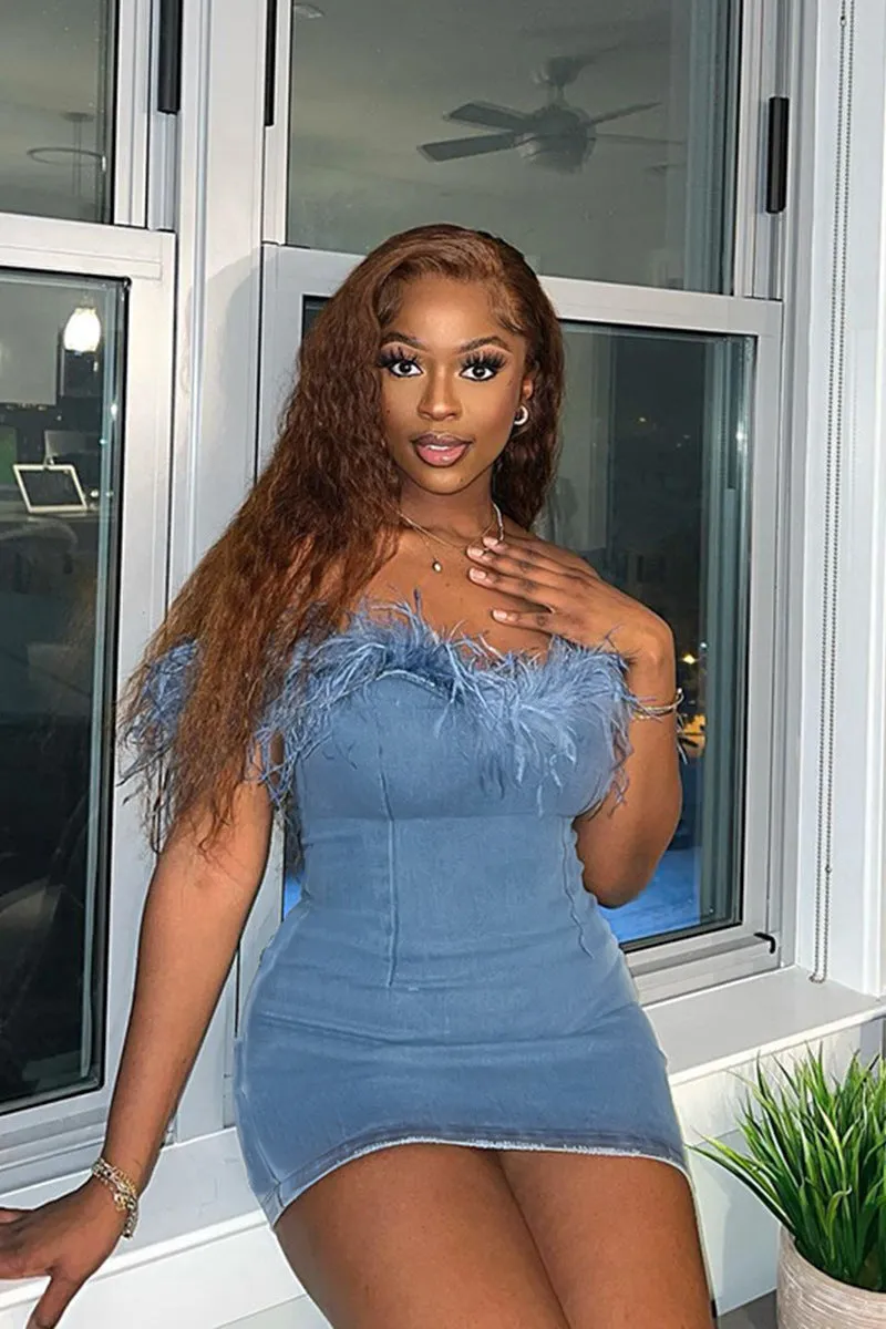 One-Shoulder Denim Fringe Hem Dress