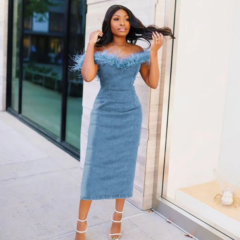 One-Shoulder Denim Fringe Hem Dress