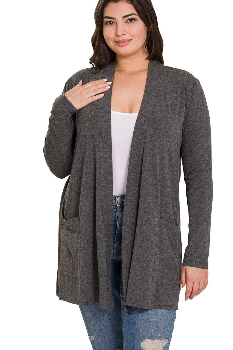 Plus Size Long Open Cardigan (With Pockets)