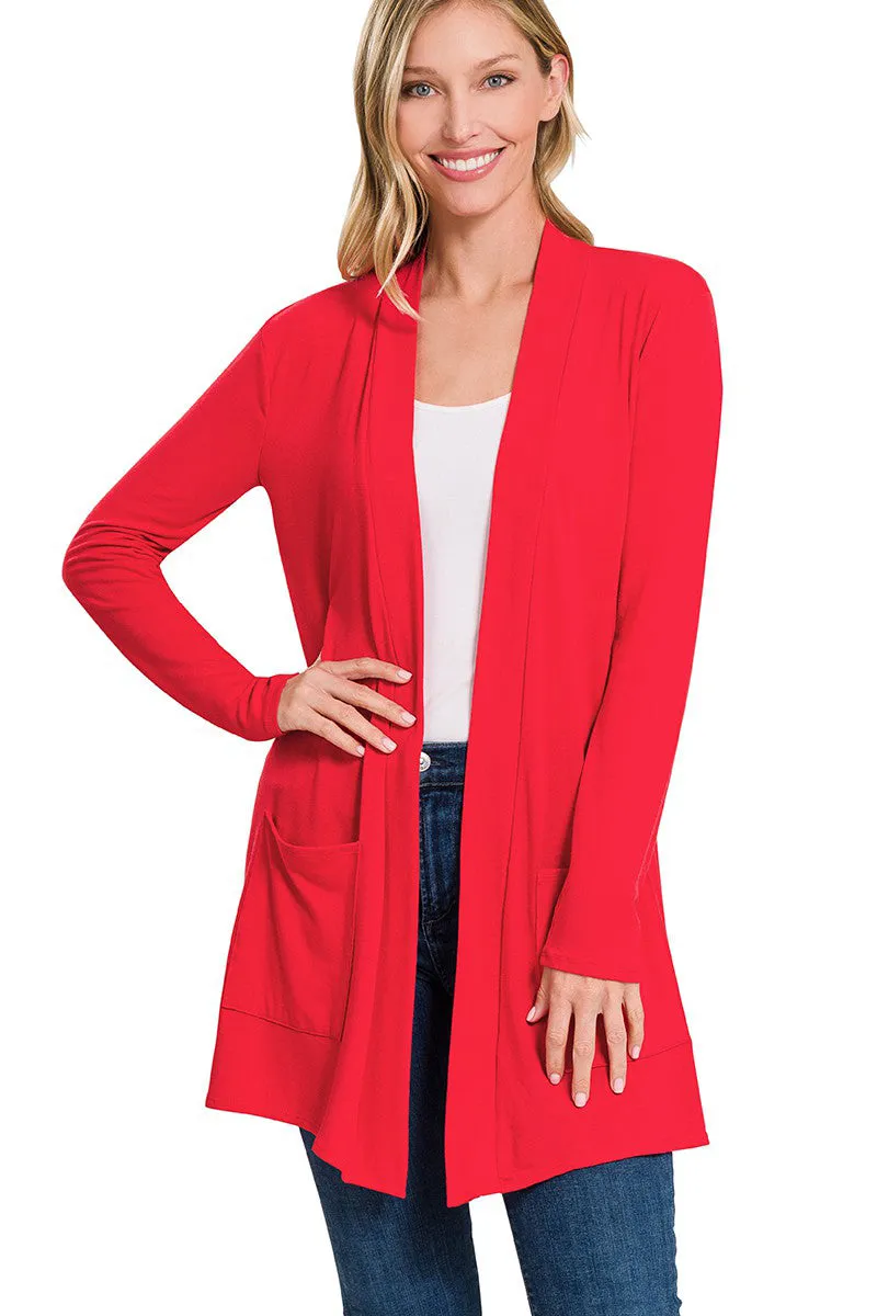 Plus Size Long Open Cardigan (With Pockets)
