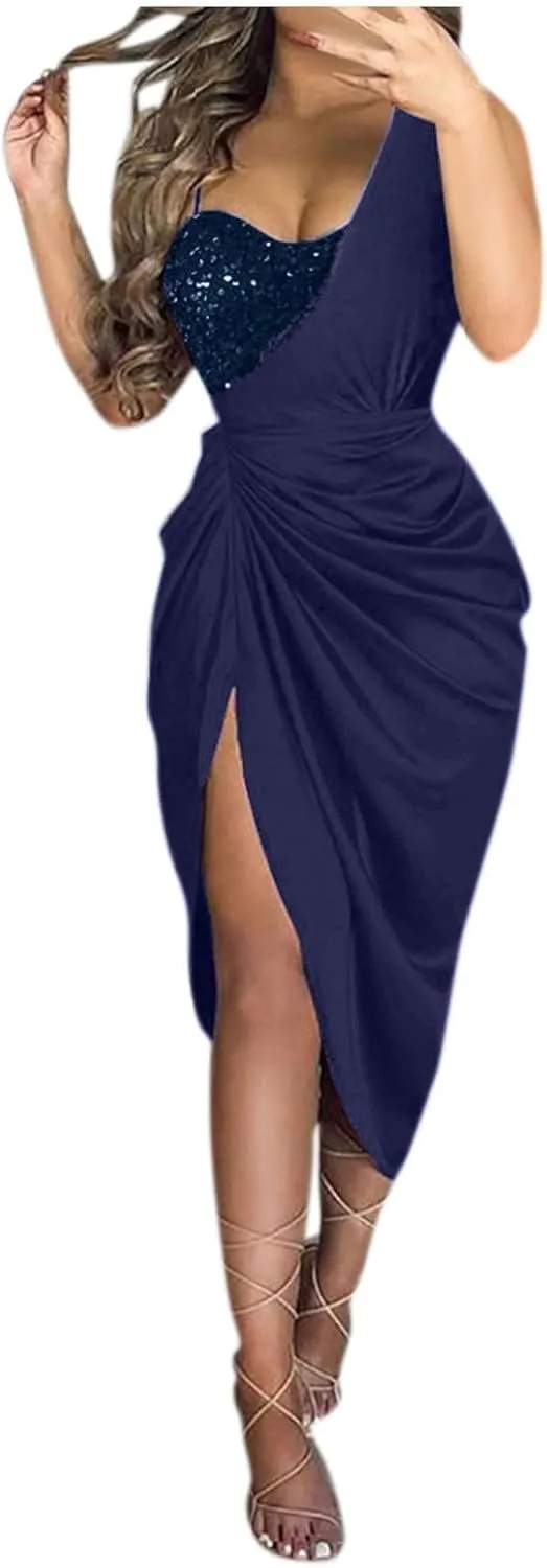 Prom Dresses for Women 2024 One Shoulder High Split Ruched Bodycon Cocktail Sequin Elegant Evening Party Midi Dress