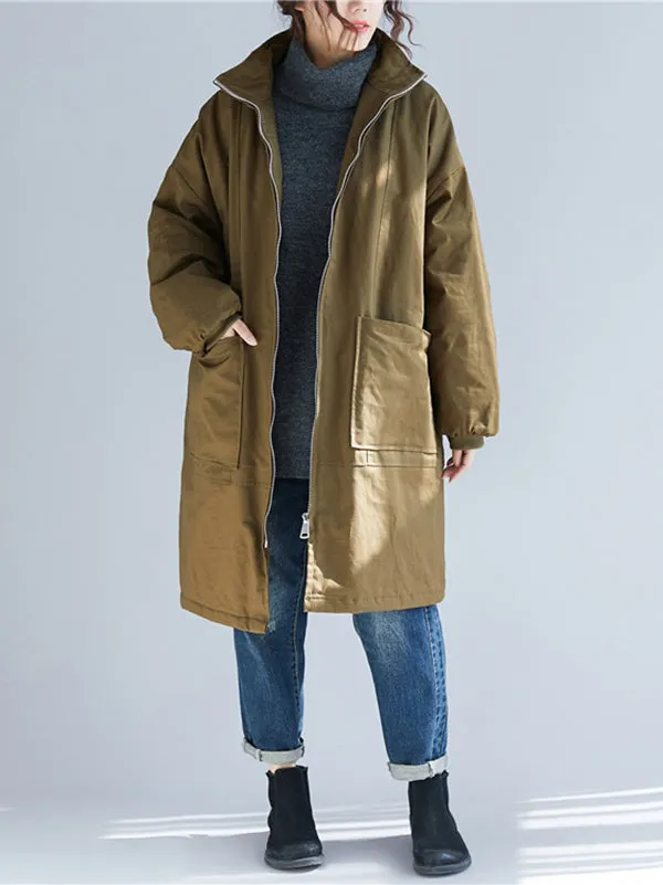 Quilted Zipper Long Sleeves Loose High Neck Padded Coat Coats
