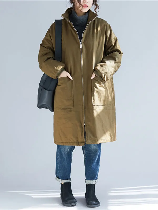 Quilted Zipper Long Sleeves Loose High Neck Padded Coat Coats