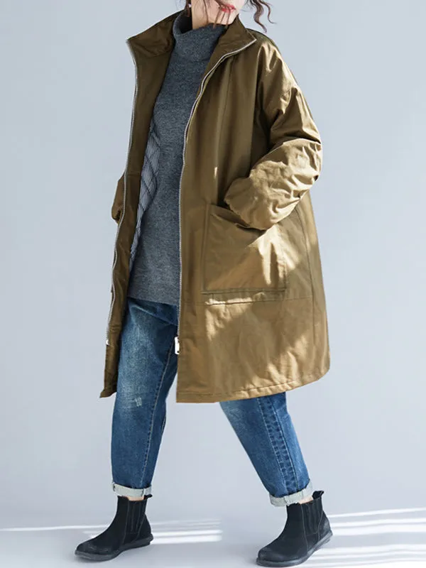 Quilted Zipper Long Sleeves Loose High Neck Padded Coat Coats