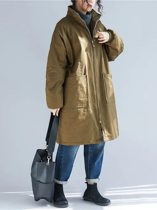 Quilted Zipper Long Sleeves Loose High Neck Padded Coat Coats