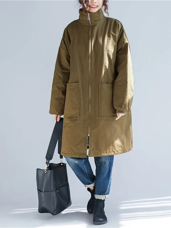 Quilted Zipper Long Sleeves Loose High Neck Padded Coat Coats