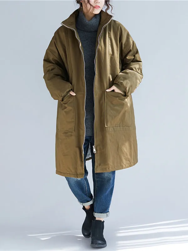 Quilted Zipper Long Sleeves Loose High Neck Padded Coat Coats