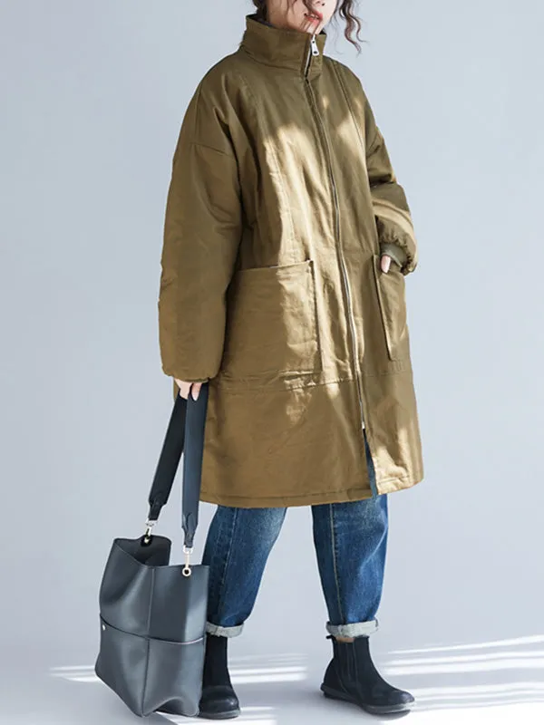 Quilted Zipper Long Sleeves Loose High Neck Padded Coat Coats