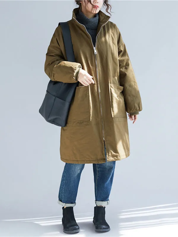 Quilted Zipper Long Sleeves Loose High Neck Padded Coat Coats