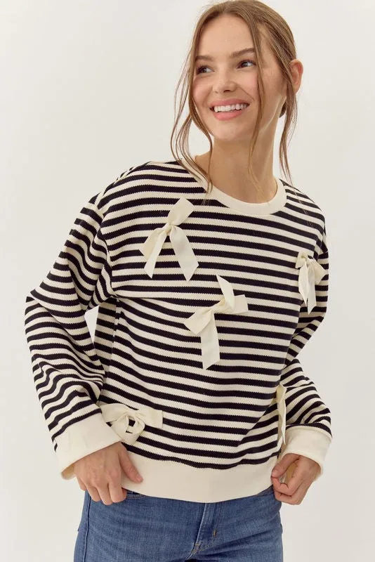 Striped Bow Accent Knit Top