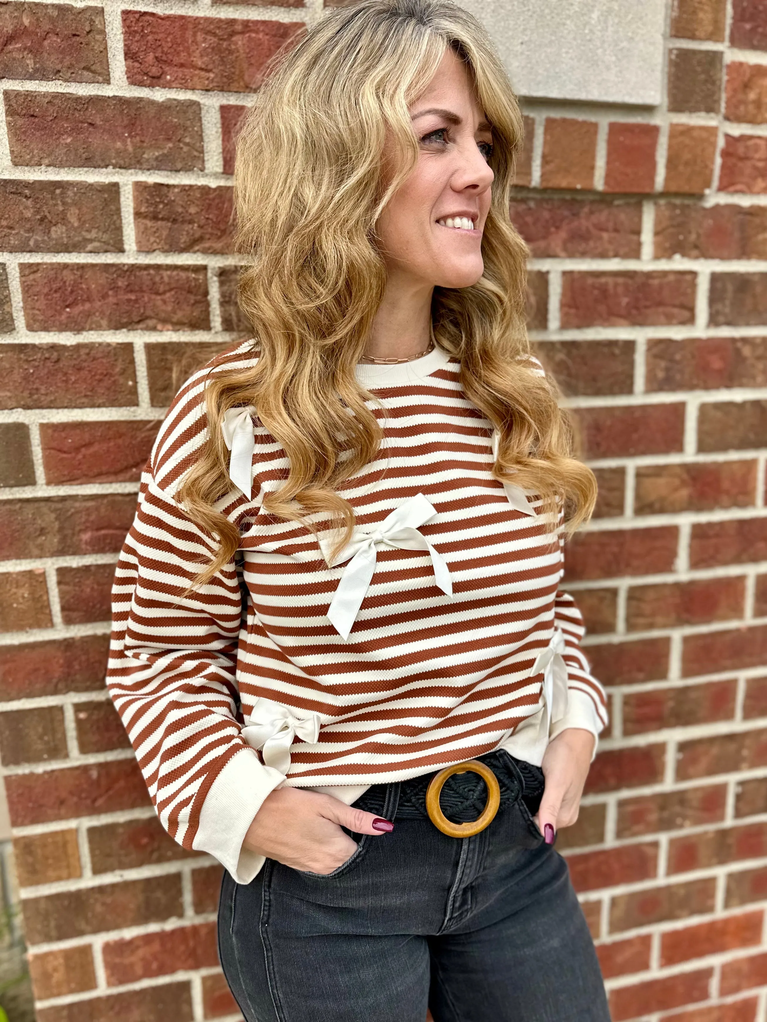 Striped Bow Accent Knit Top