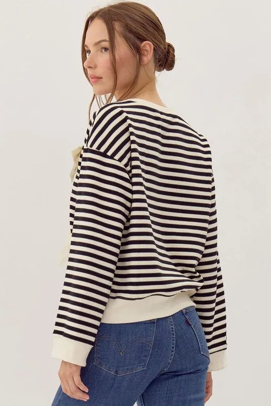 Striped Bow Accent Knit Top