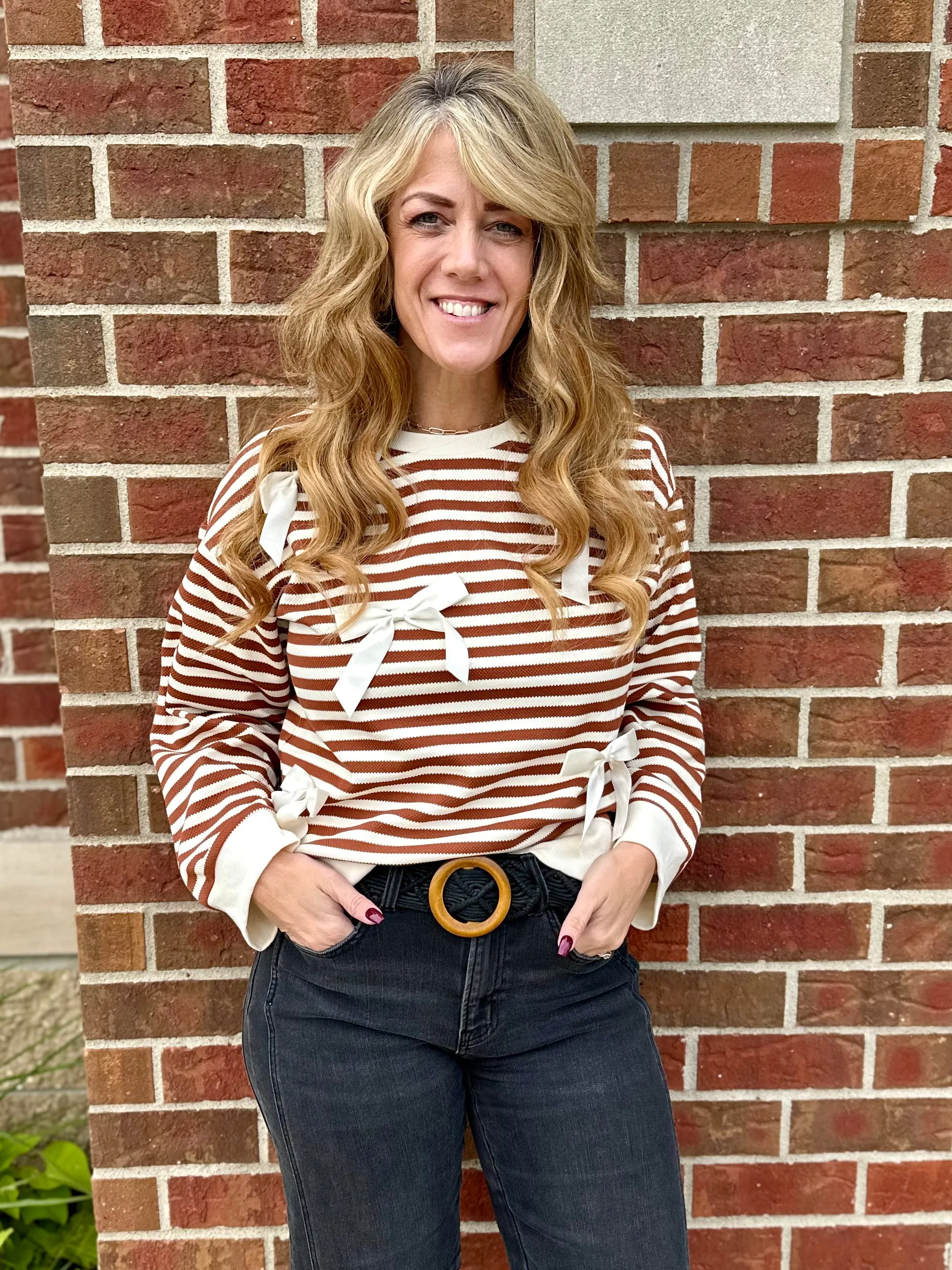 Striped Bow Accent Knit Top