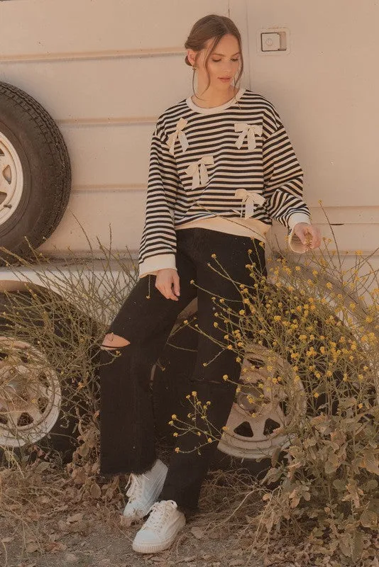 Striped Bow Accent Knit Top