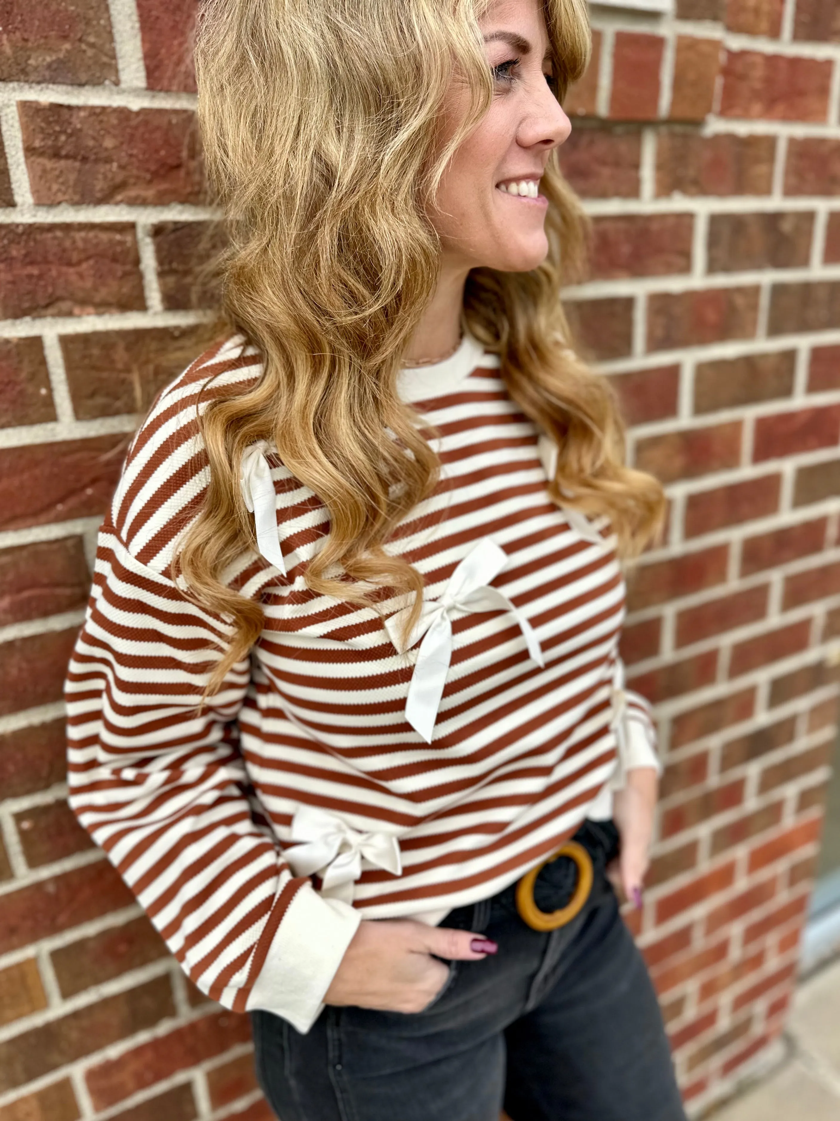 Striped Bow Accent Knit Top