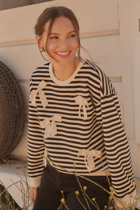 Striped Bow Accent Knit Top