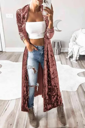 Tara Open Front Long Sleeve Longline Velvet Cardigan