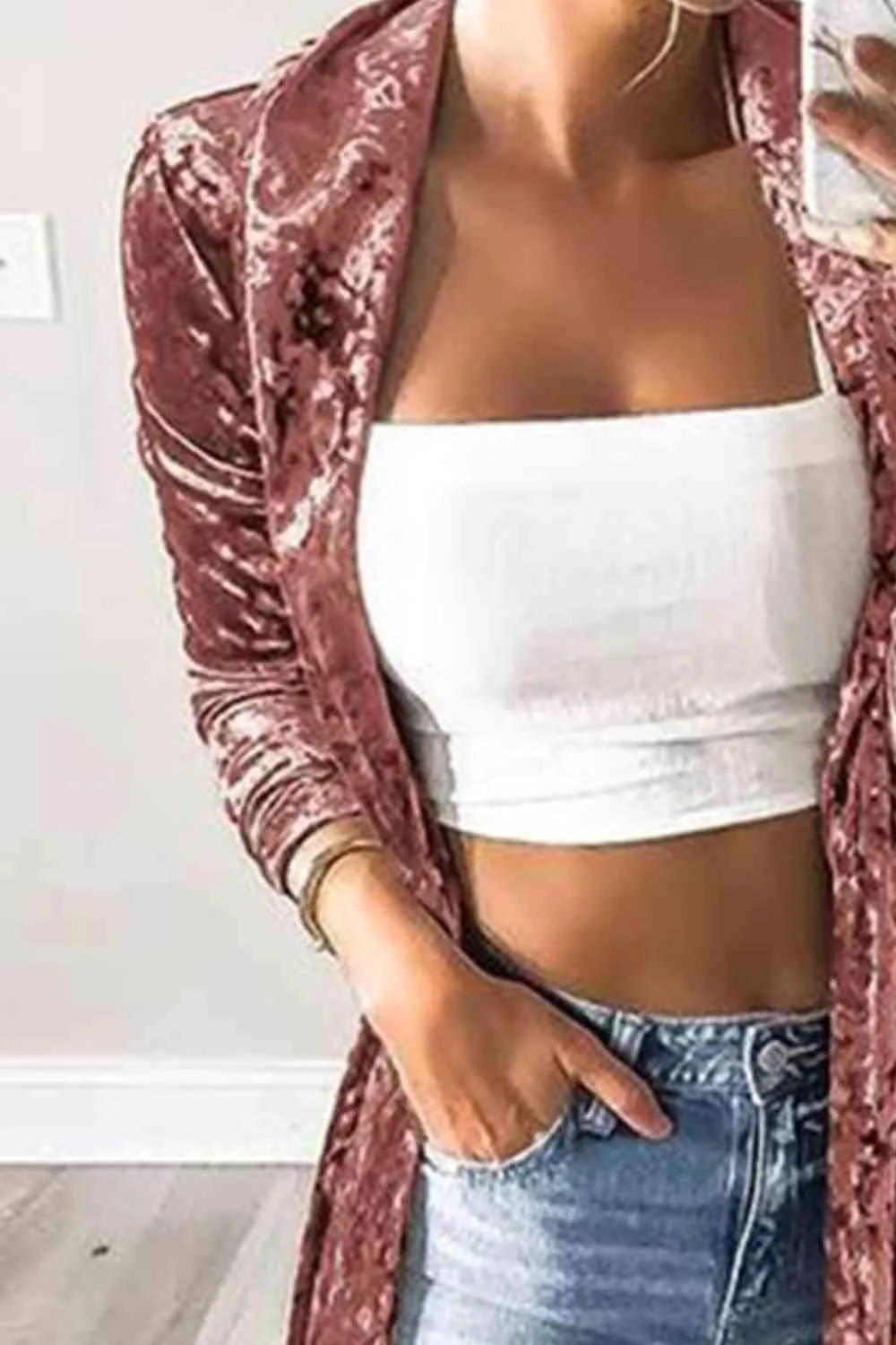 Tara Open Front Long Sleeve Longline Velvet Cardigan