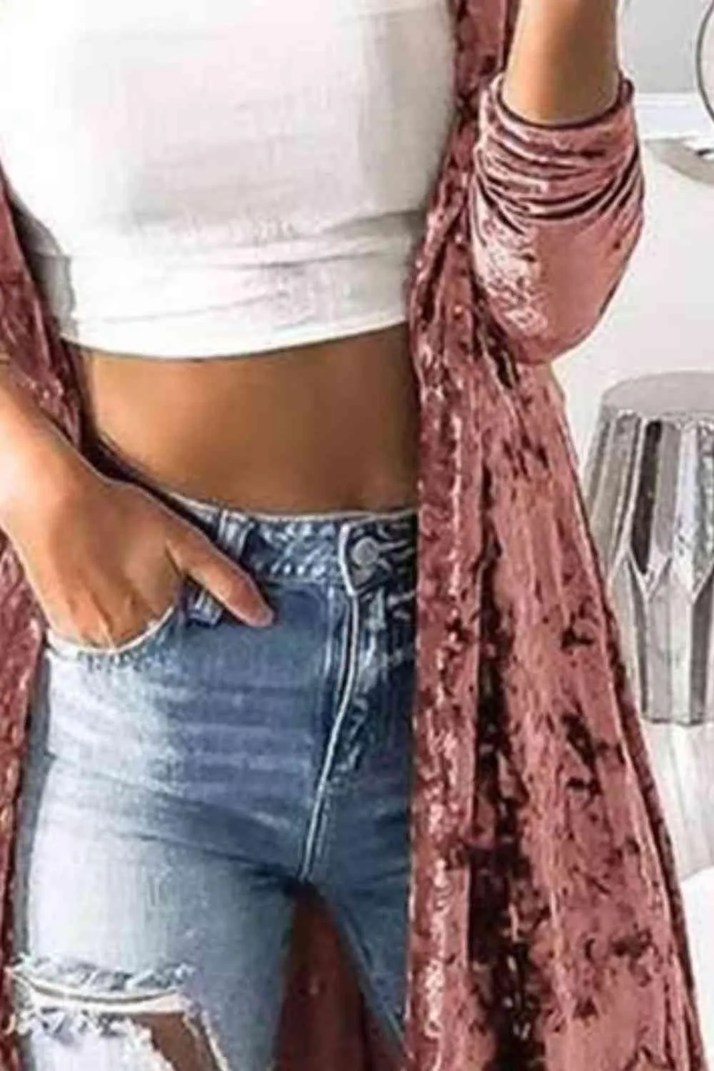Tara Open Front Long Sleeve Longline Velvet Cardigan