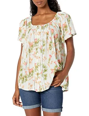 Vintage America Blues Women's Plus Size Maya Short Sleeve Button Down Blouse, Retro Palm Print, 2X