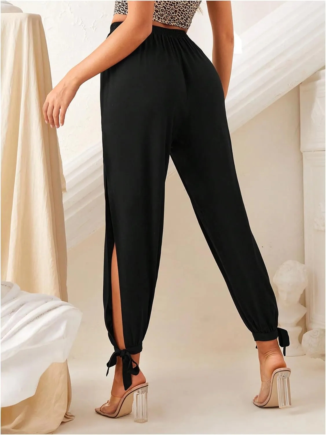WDIRARA Women's High Waisted Slit Harem Pants Bow Tie Drawstring Cropped Trousers